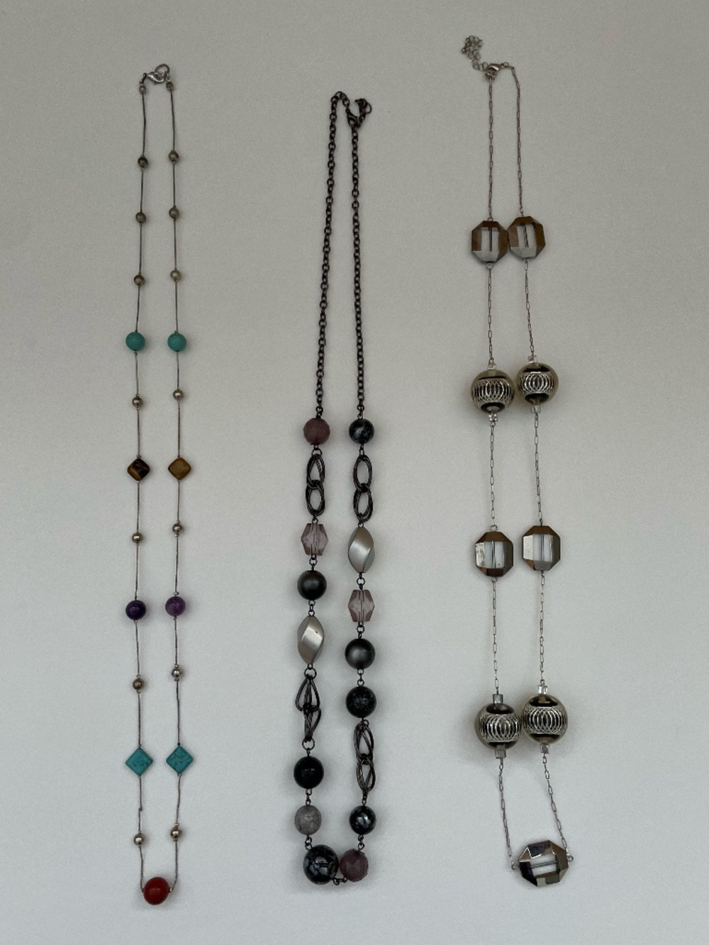 Lot of 3 Beaded Station Necklaces Gemstone Glass Metal Chain